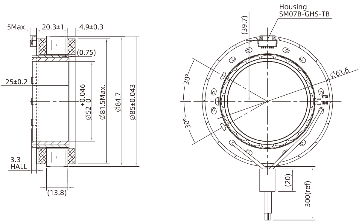 Schéma dimensionnel du moteur sans cadre 85 mm